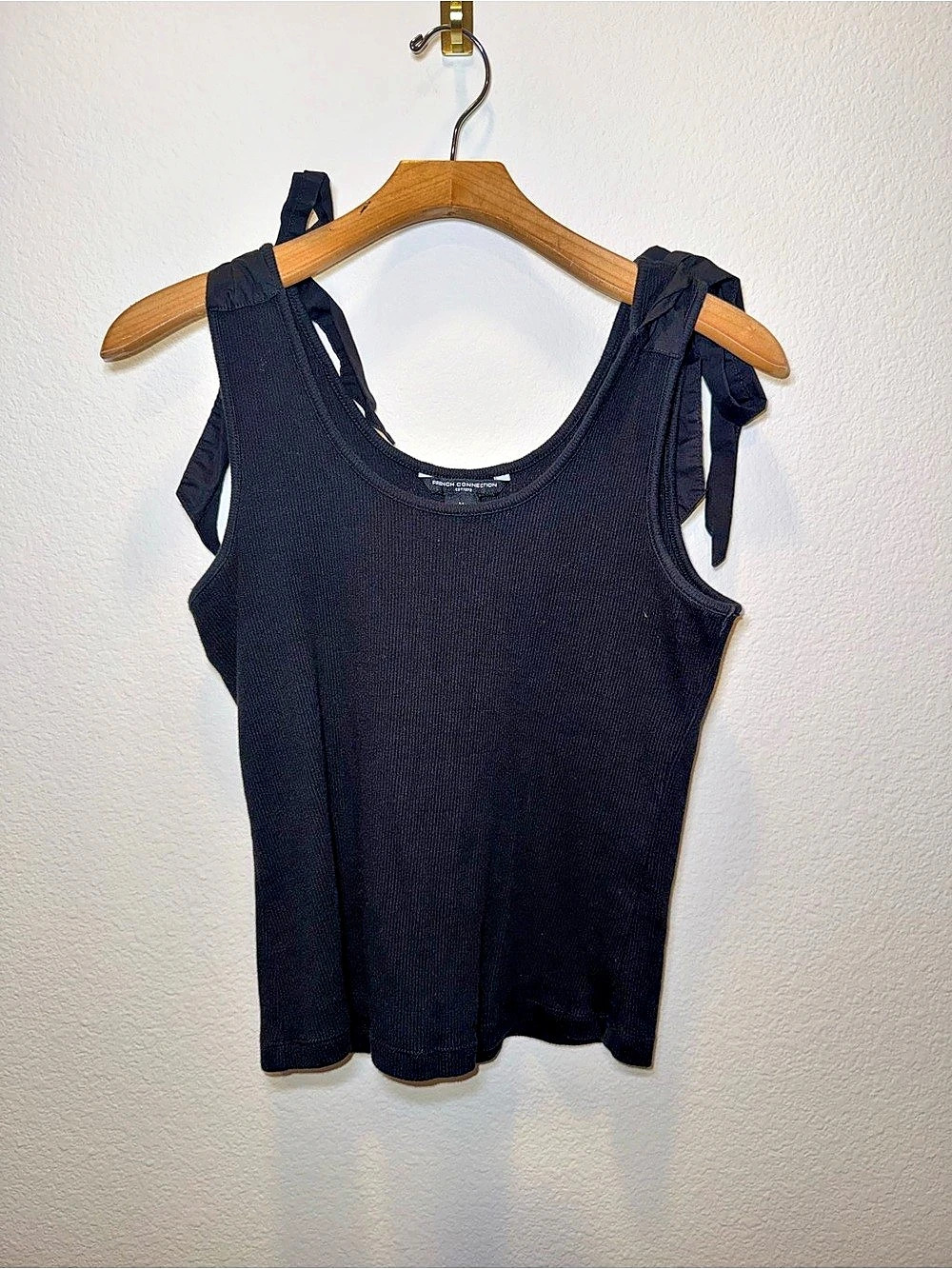 French Connection Bow Tank Top Ribbed Tie-Shoulder Tank in Black Size Medium